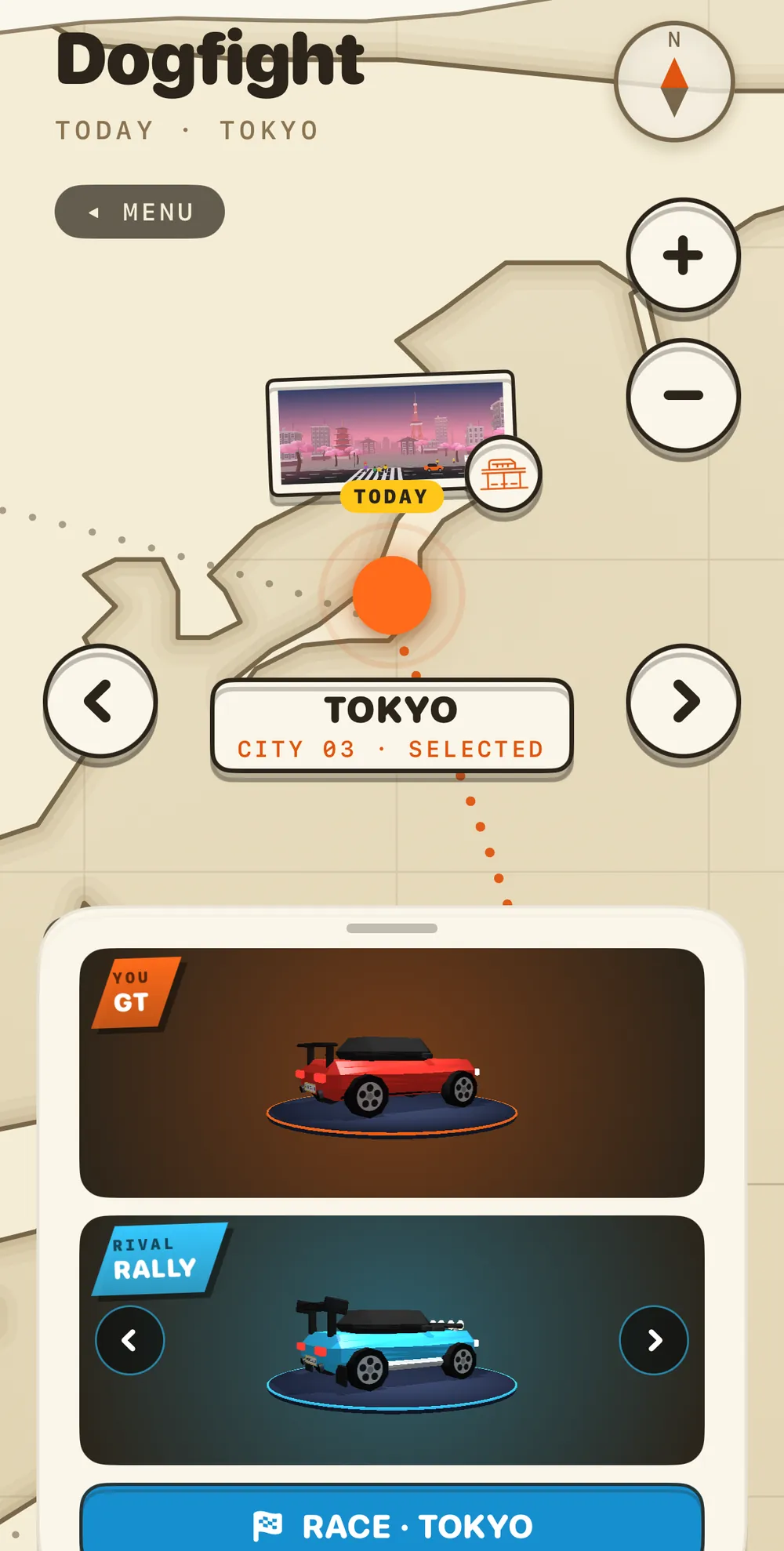 Dogfight in Tokyo: your GT lined up against the blue rival's Rally car