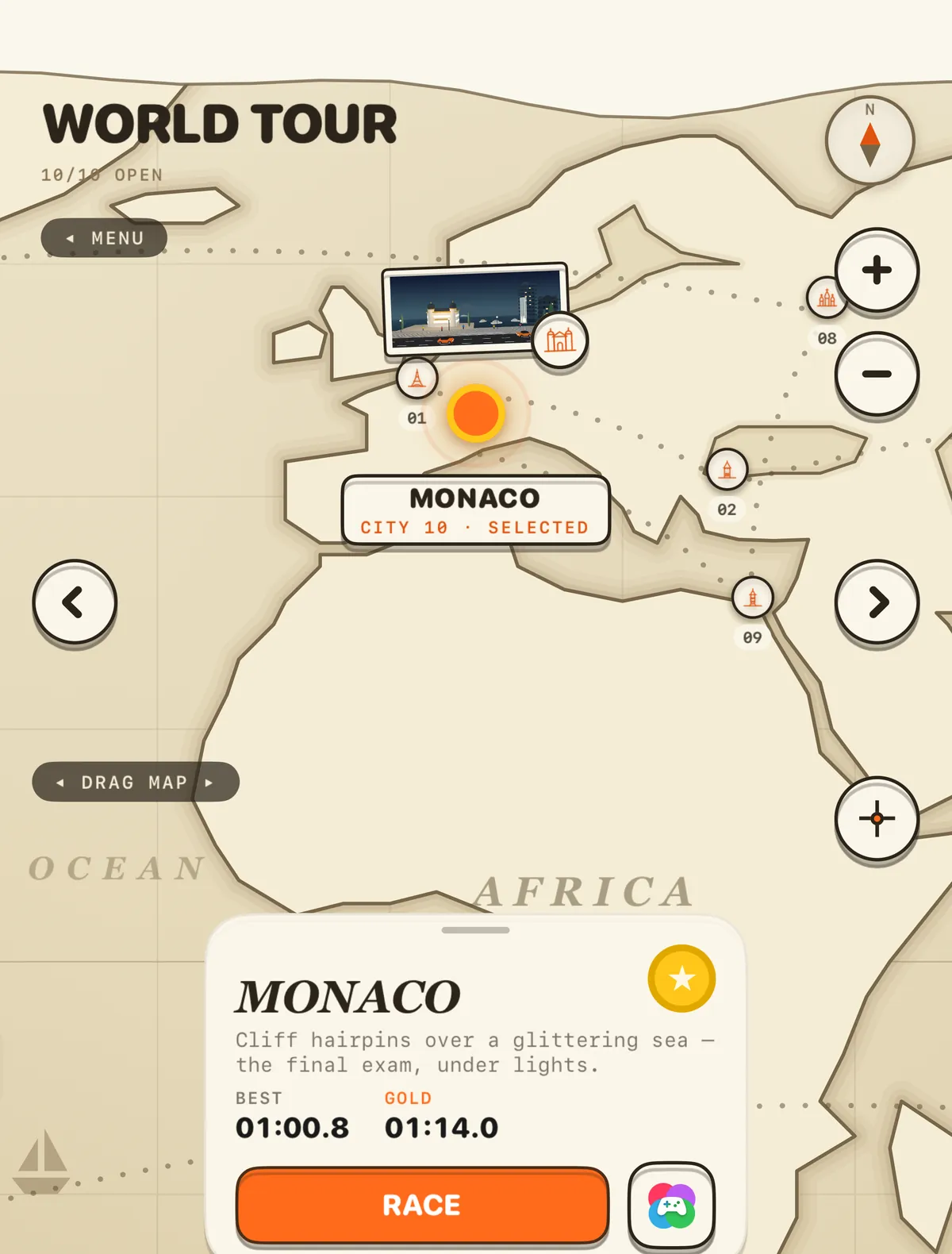 The World Tour map on iPad, ten cities open at once